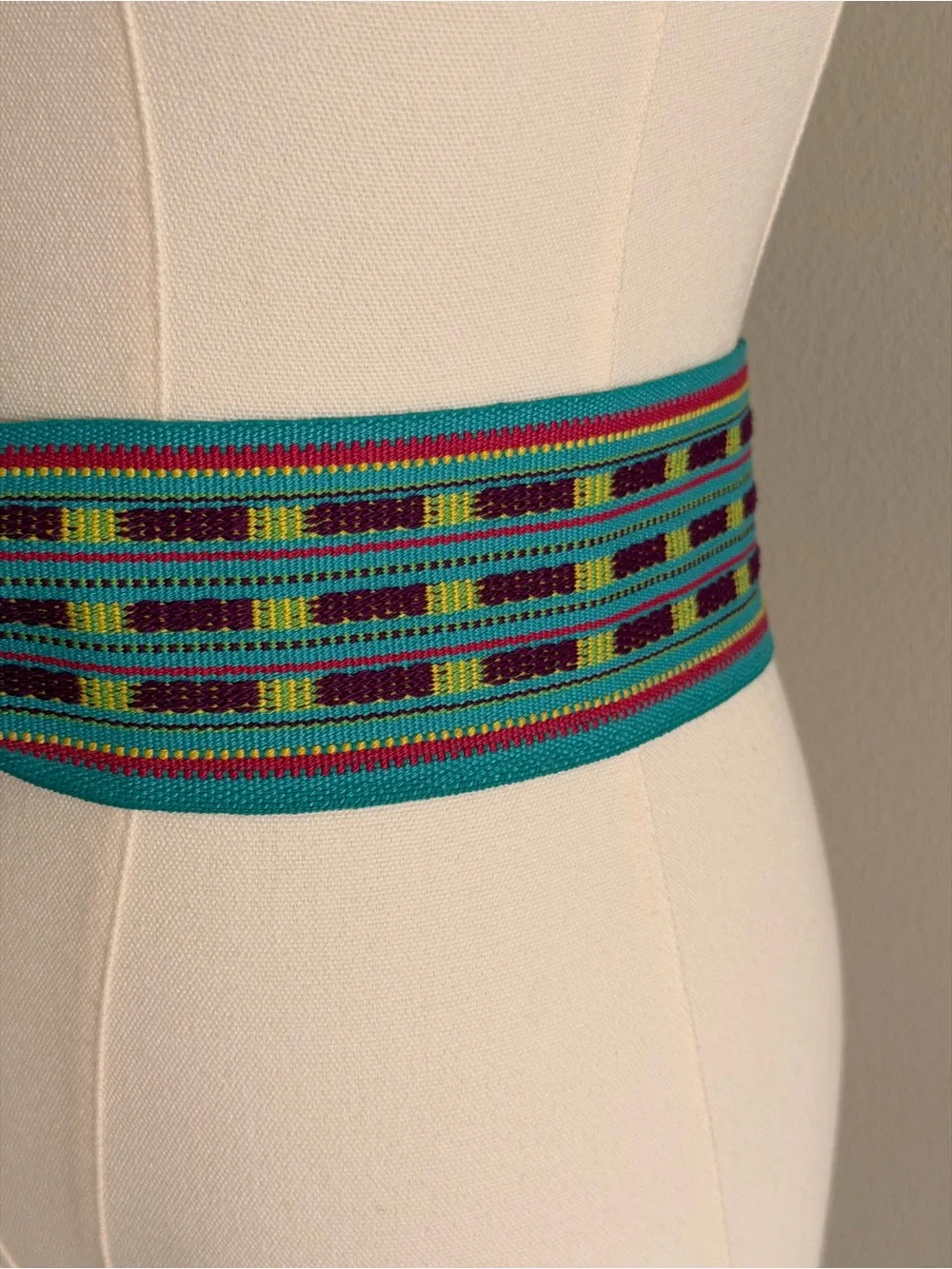 Boho Turquoise Multicolor Woven Wide Waist Belt with Covered Round Buckle ~ S